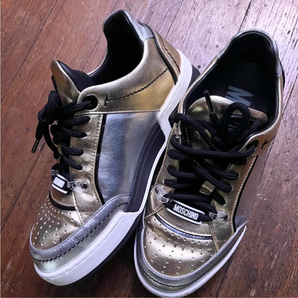 Moschino Gold and Silver Leather Sneakers